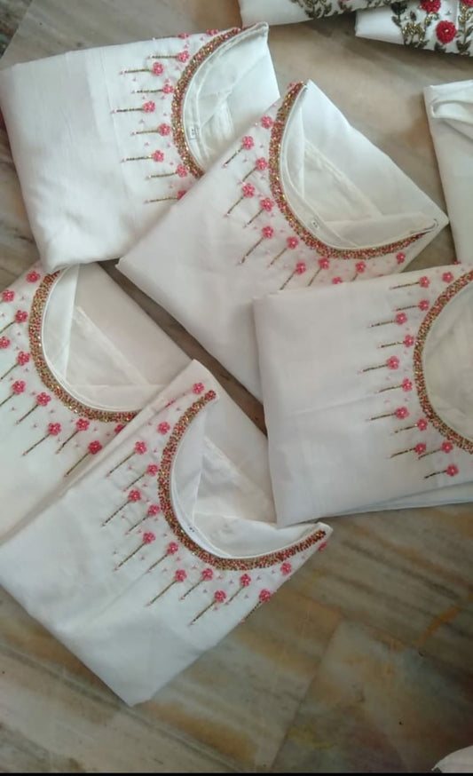 Silk cream colour Kurti with pink hand work