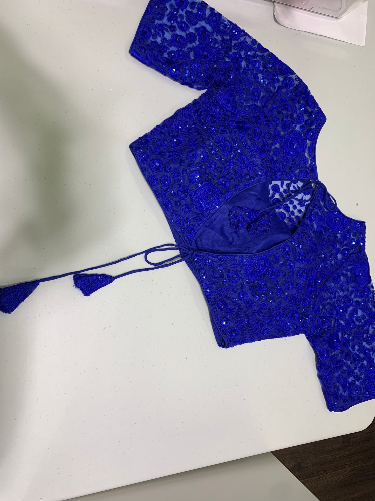 Blue sparkling net lace work designer blouse