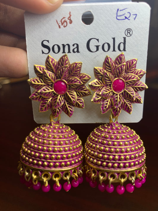 Pink floral jhumka earring