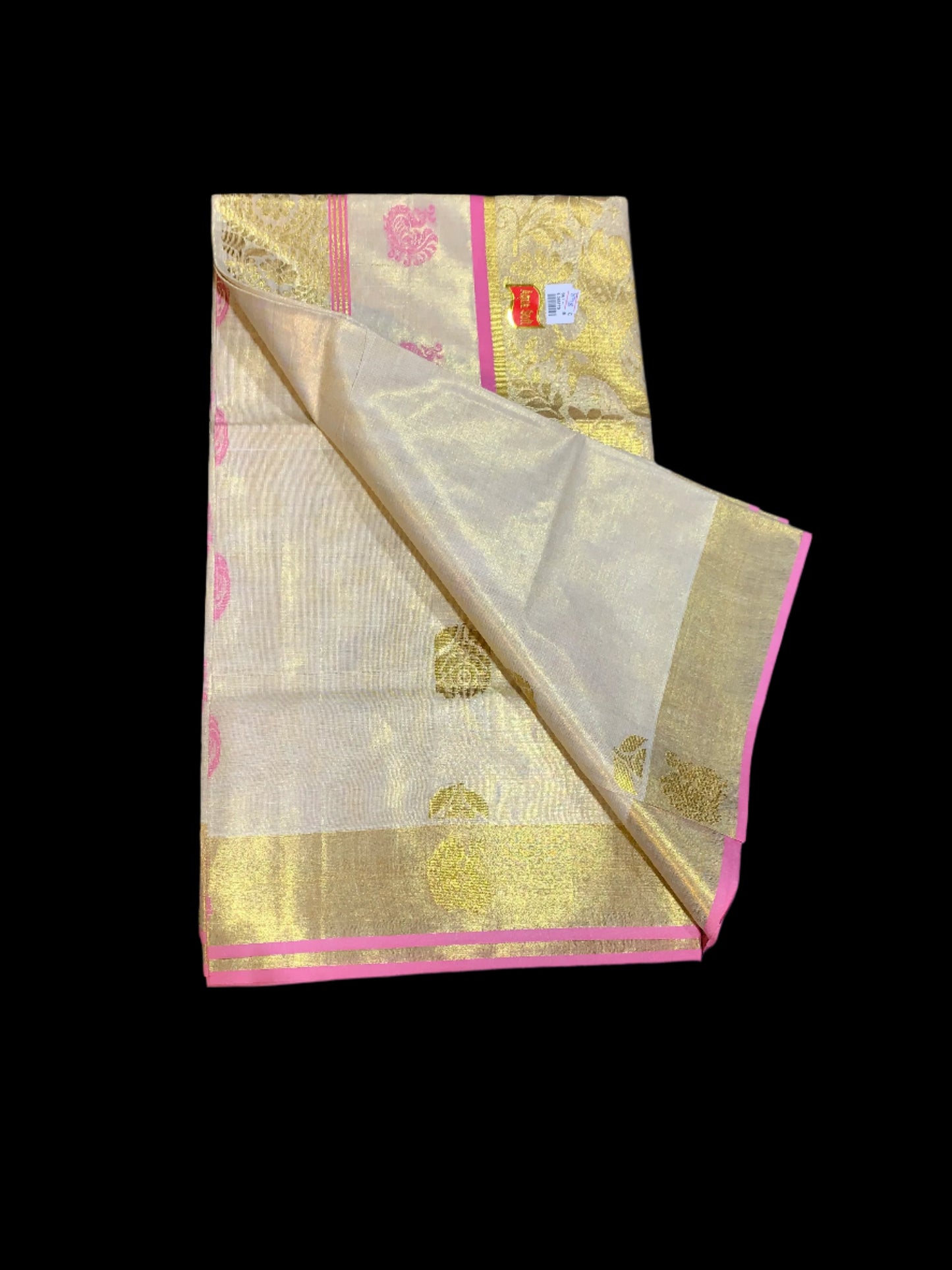 Kerala golden tissue saree with pink border