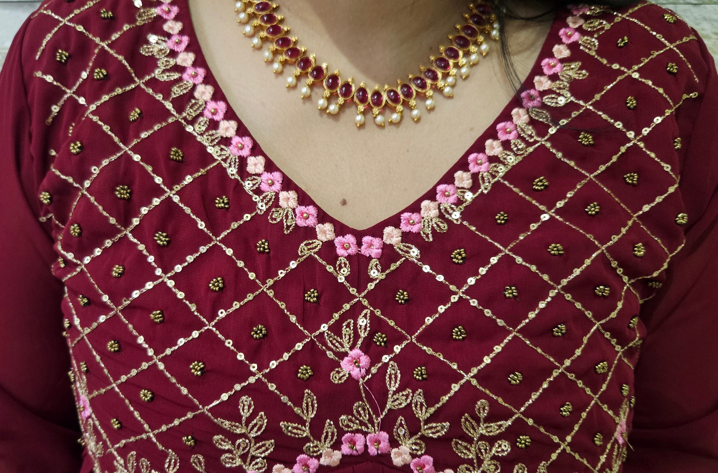 A line front pleated gown- Maroon