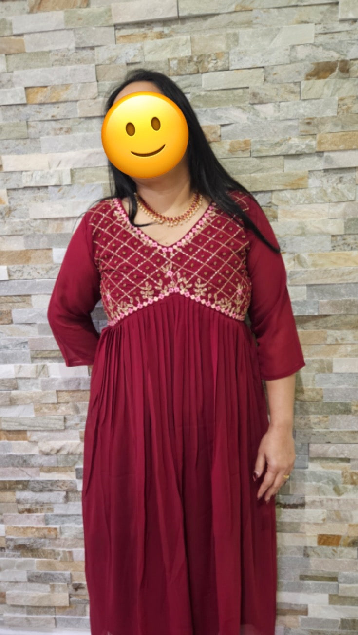 Front pleated gown in Maroon colour