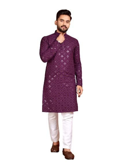 Men's Mirror Work Soft Cotton with Embroidery Work Straight Kurta