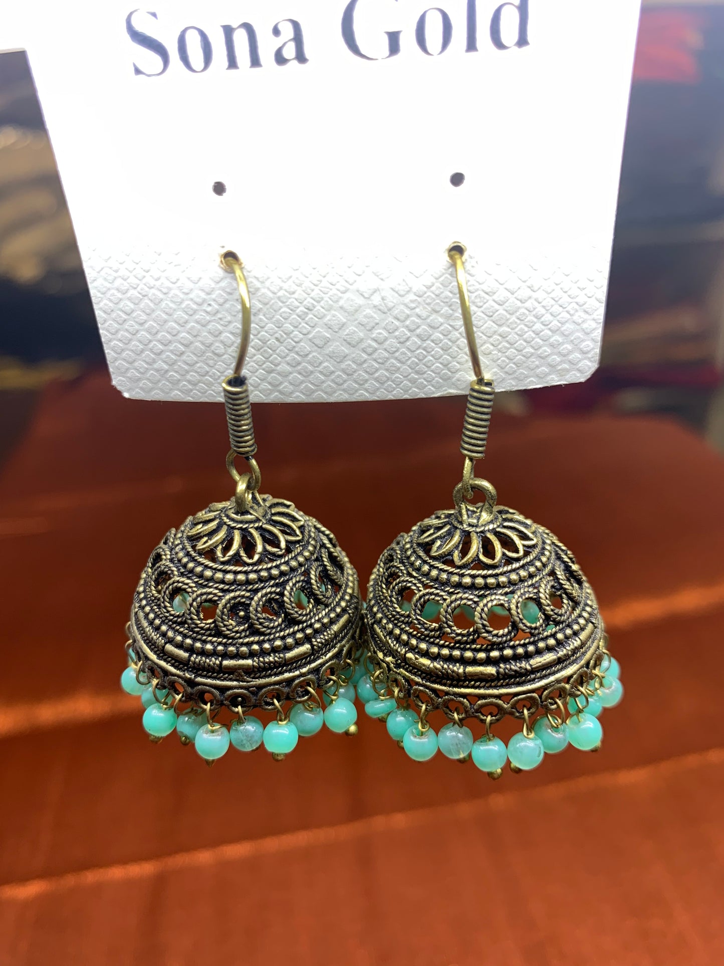 Oxidized bronze mint beads jhumka earring