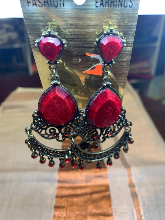 Red stone studded long earring