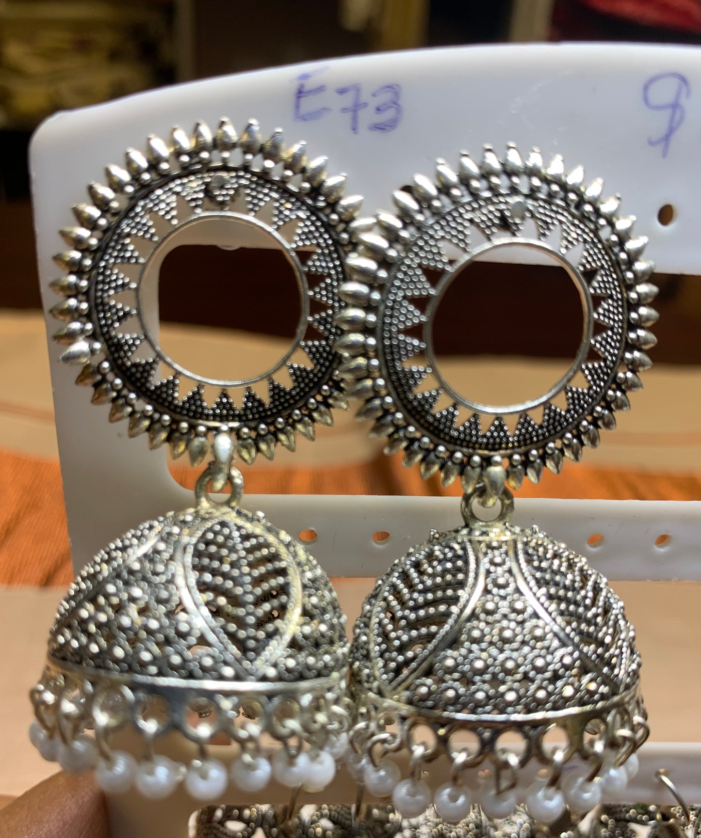 Oxidized silver round jhumka earring with white pearls