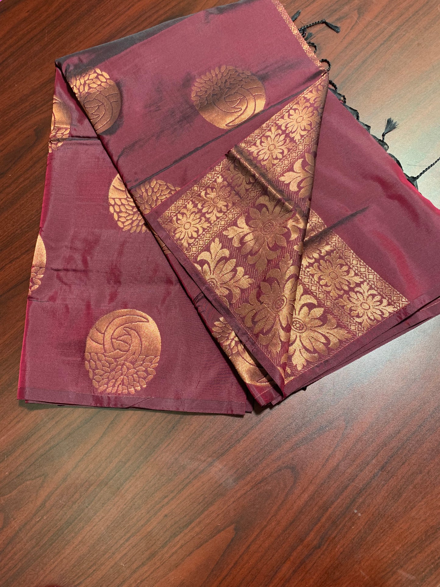 Maroon golden zari work art silk saree