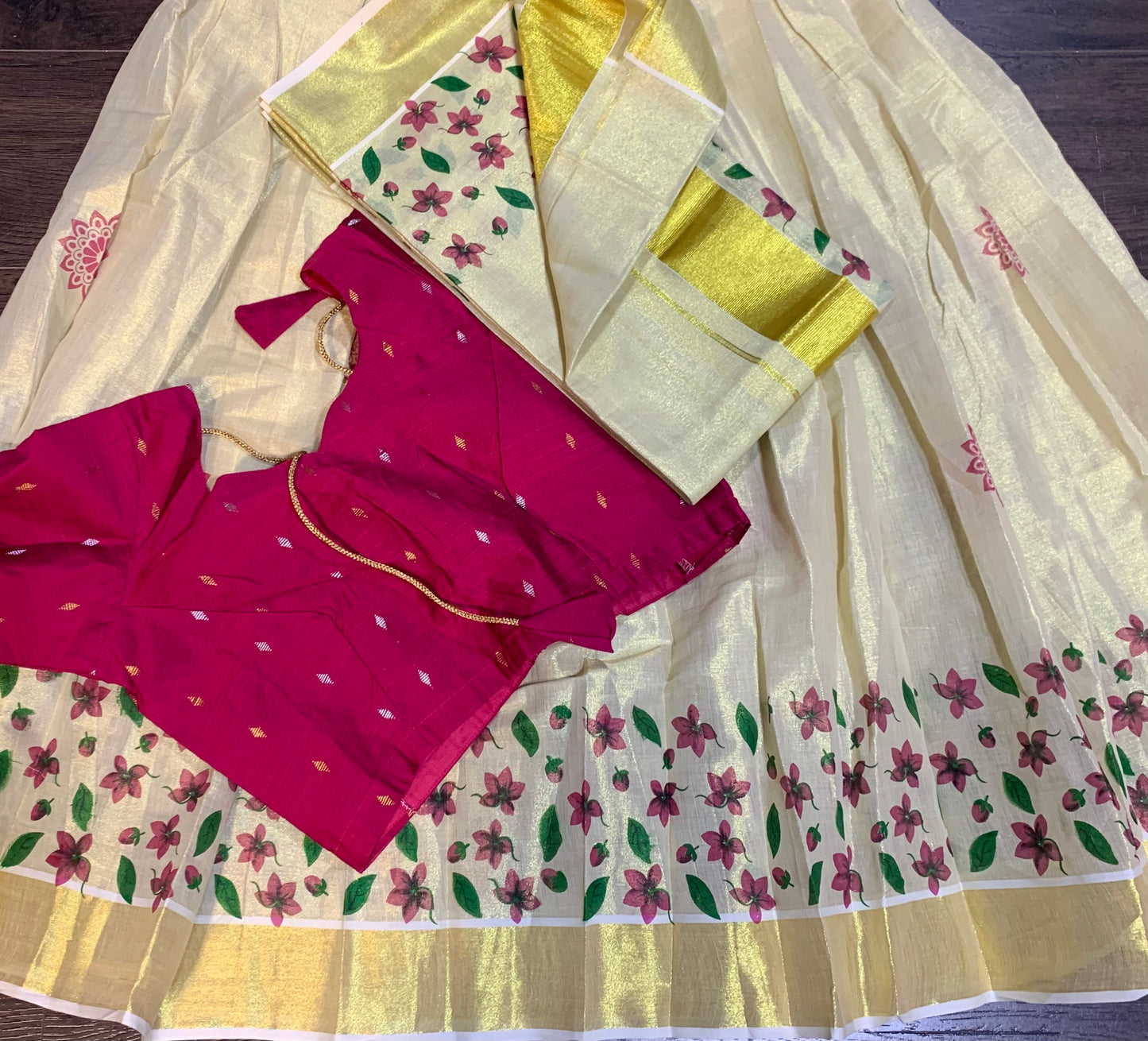 Ready made Kerala kasavu davani with floral print