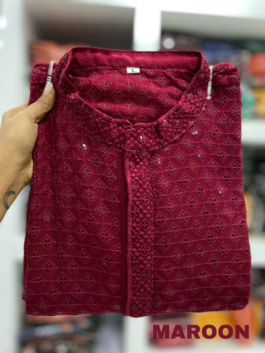 Traditional georgette chikankari work kurta-Maroon red