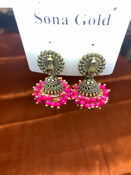 Peacock designed pink beads filled small jhumka earring