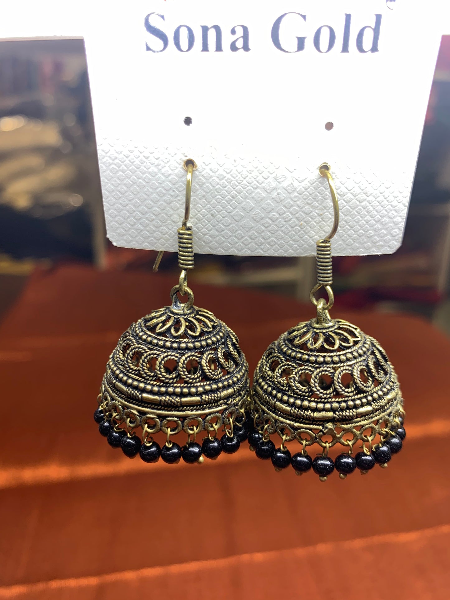 Black beaded small jhumka earring