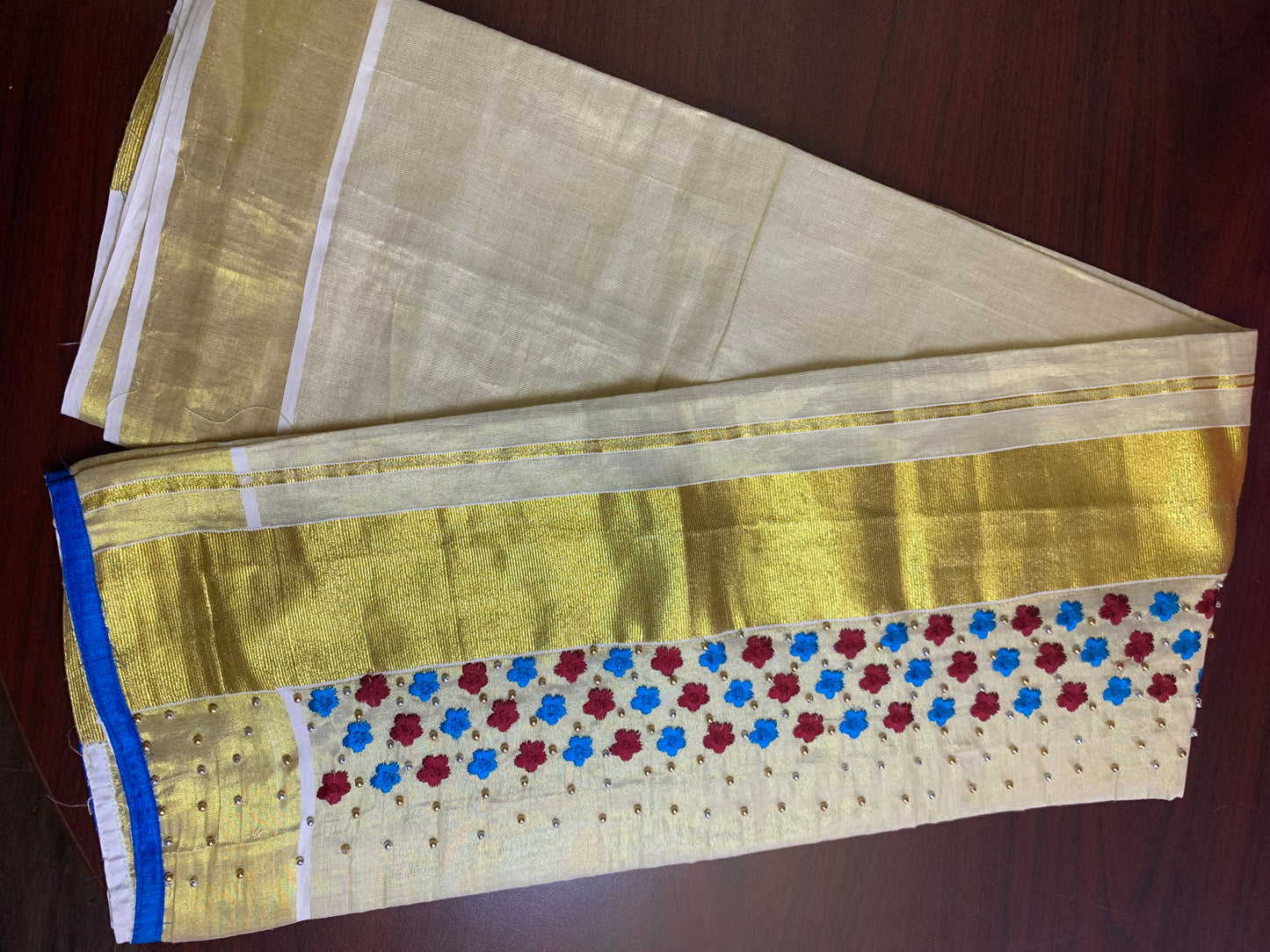 Kerala settu Mundu with pearl floral work