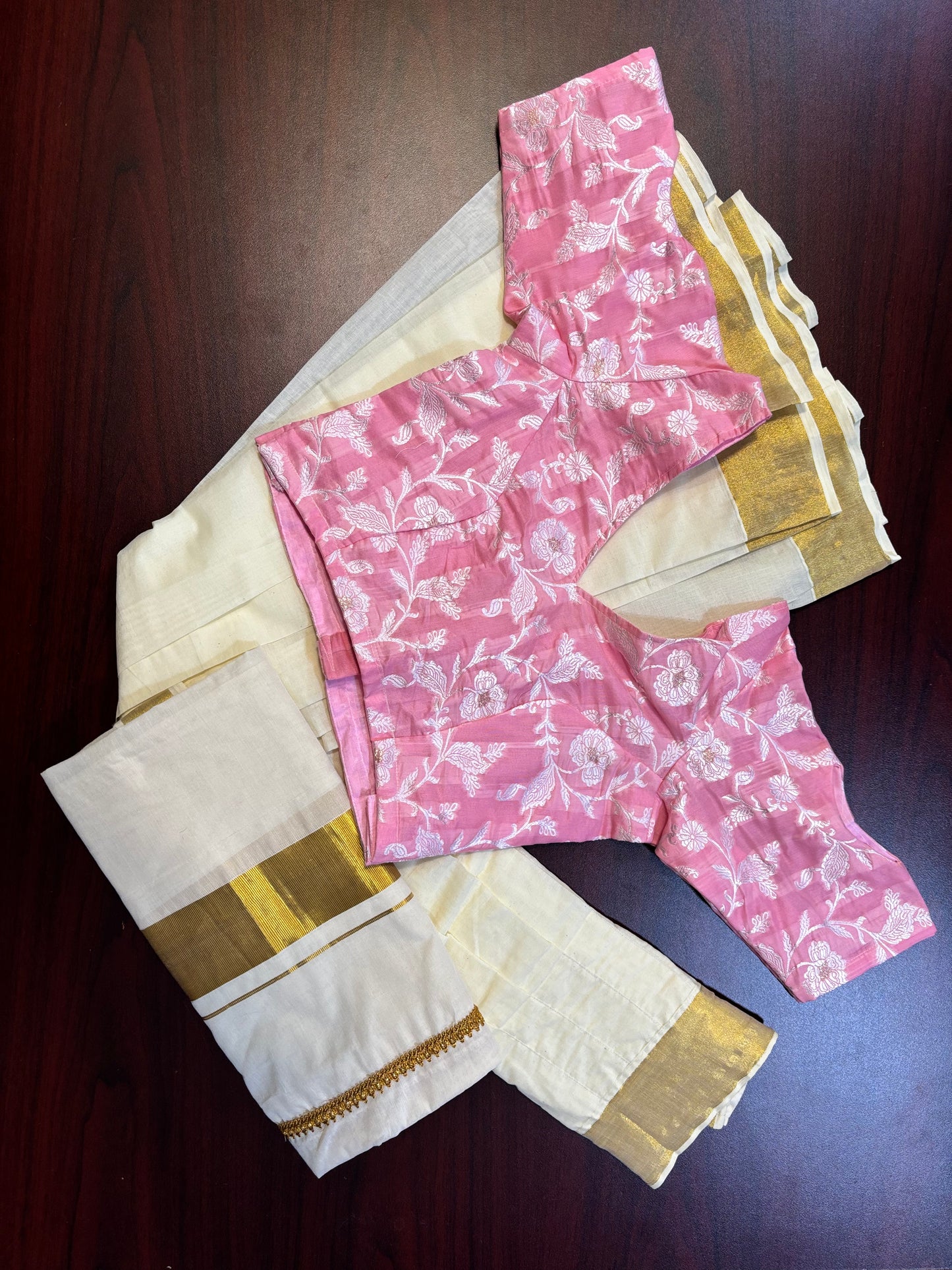 Davani set in Kerala kasavu material with pink cotton top