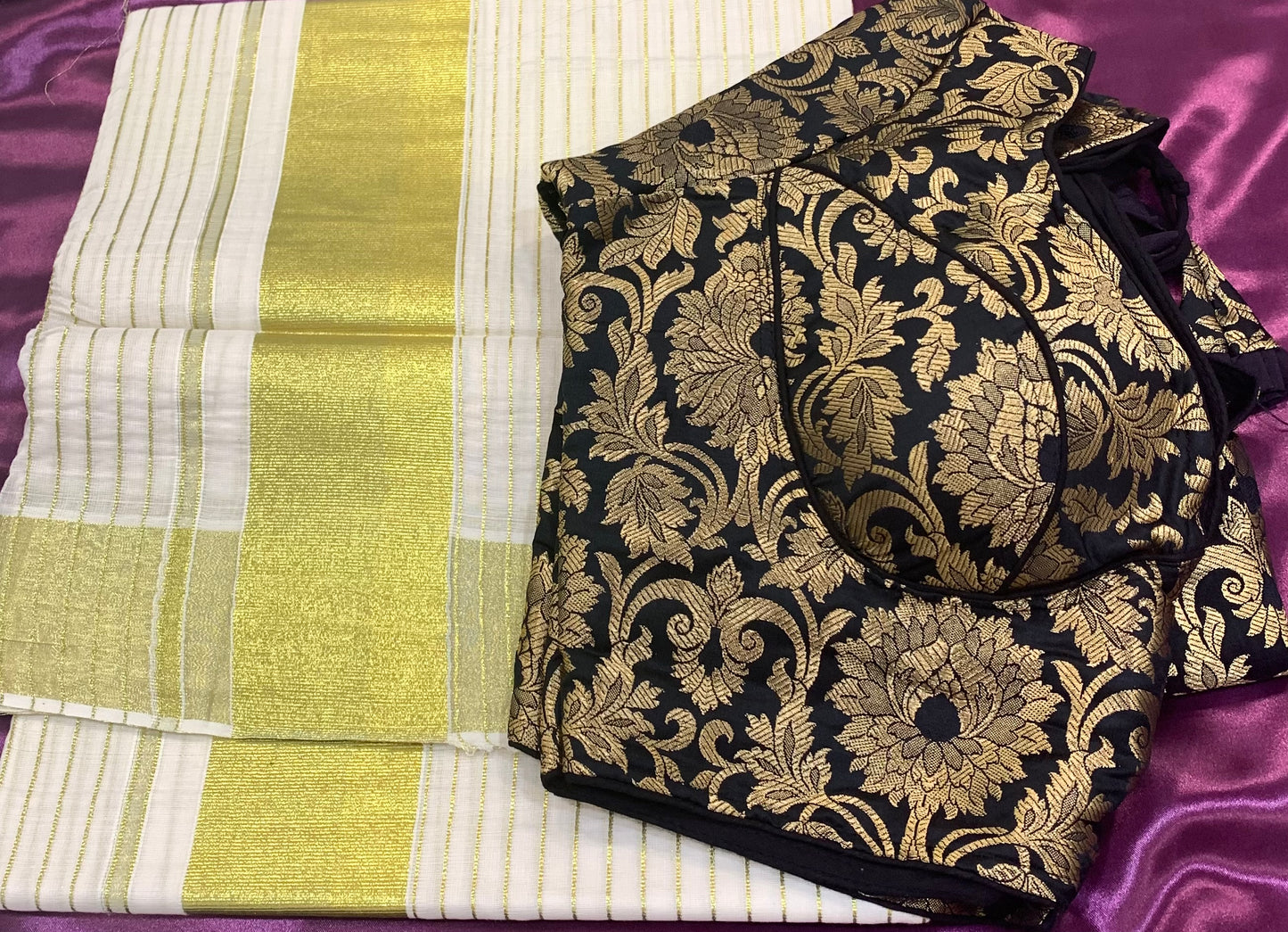 Kerala settu saree in golden line striped pattern