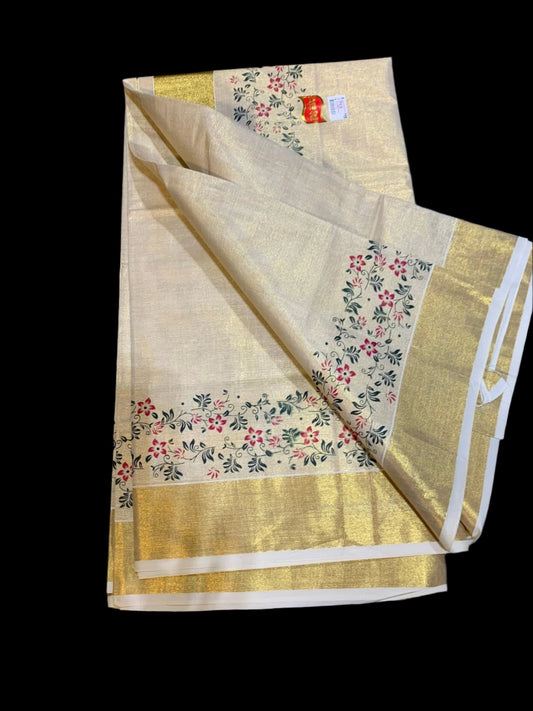 Kerala golden tissue saree with floral print