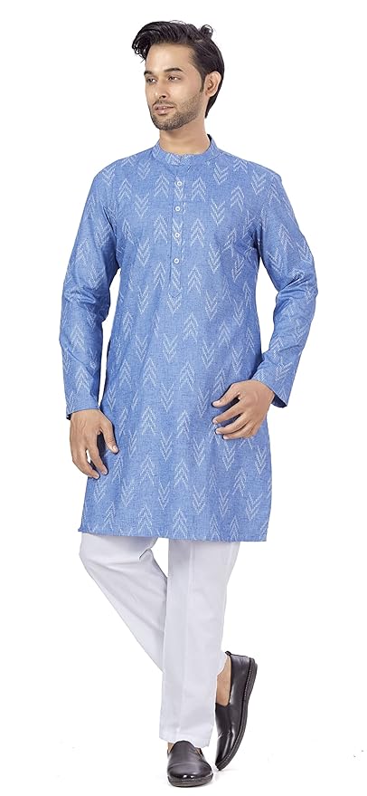 Men's Cotton Blend Relaxed Fit Ikat Printed Knee Length Kurta