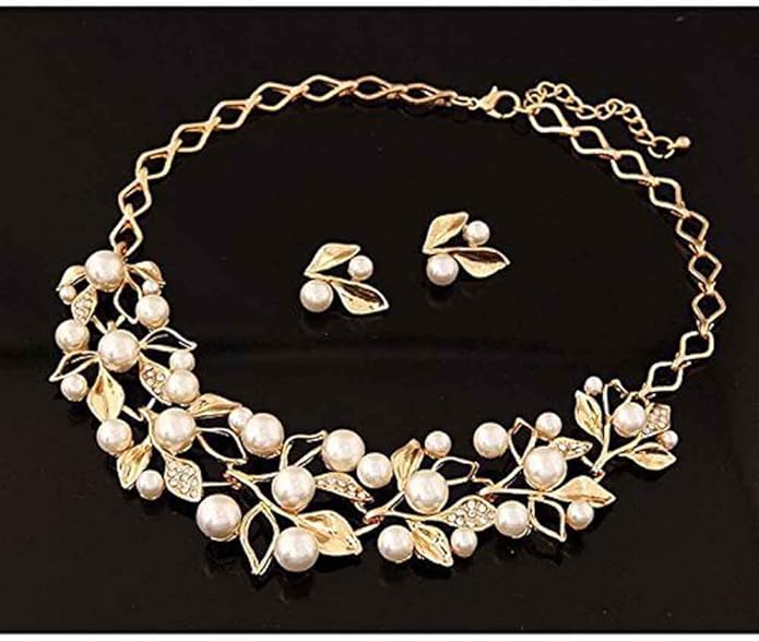 8k Gold Plated Pearl Necklace Jewellery Set with Fancy Earrings for Girls and Women