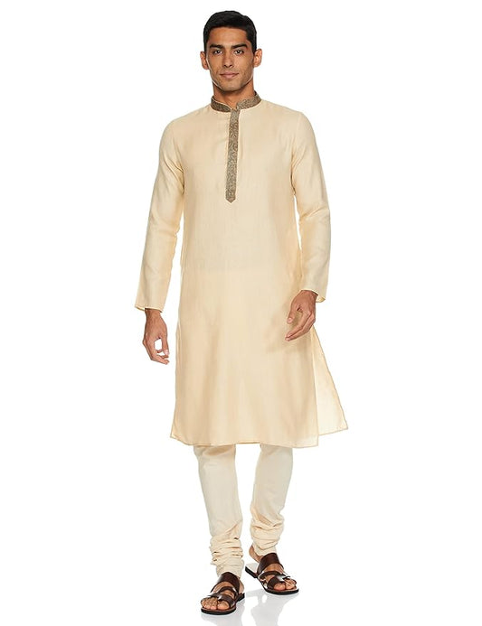 Manthan Men's Kurta, Mandarin Collar Full Sleeves Ethnic Knee Length Kurta for Festival, Wedding, Party Blended Viscose