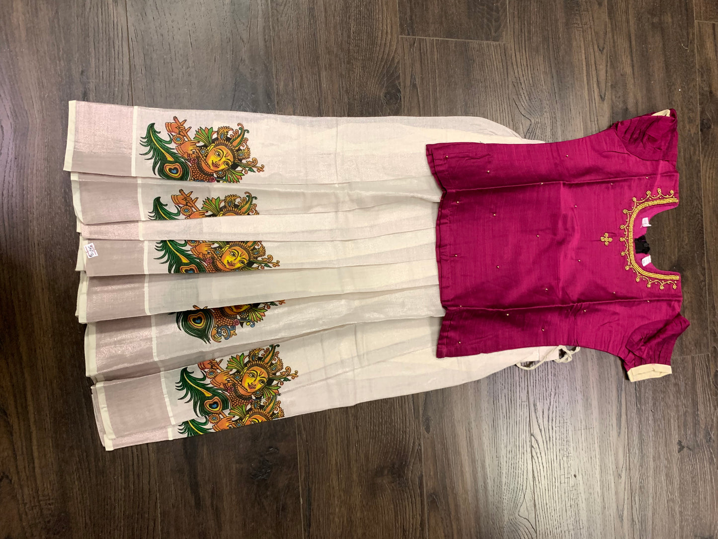 Girls Kerala kasavu printed skirt with silk blouse