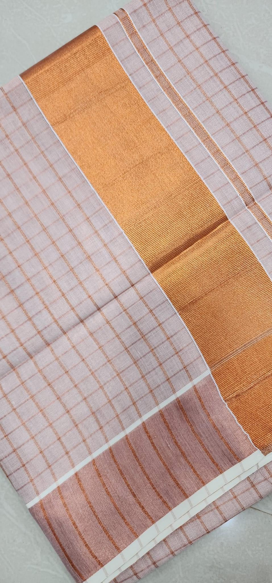 Copper gold tissue settu saree with checked pattern