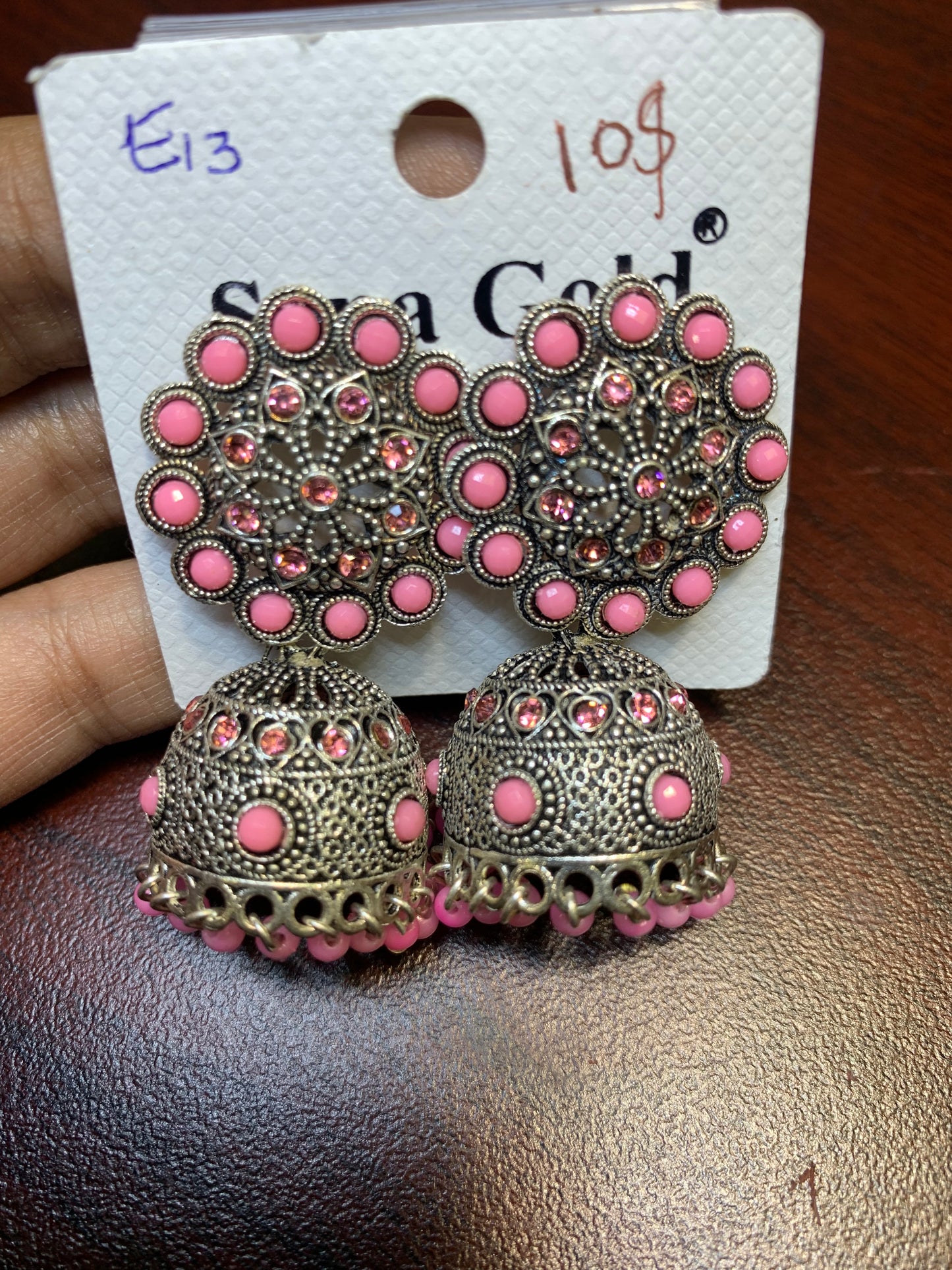 Light pink studded oxidizing jhumka earring