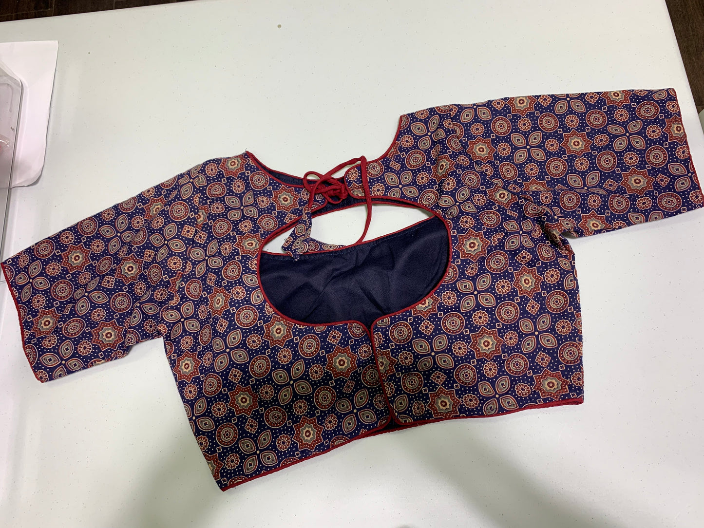 Blue brown printed cotton blouse