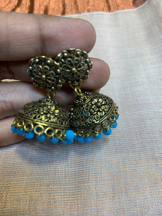 Golden copper blue beads jhumka earring