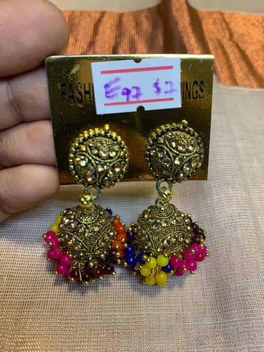 Multi-colour golden copper jhumka earring