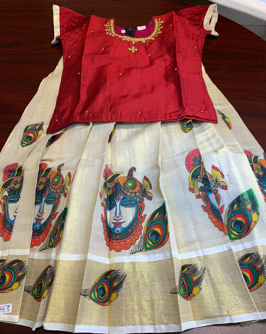 Girls Kerala kasavu printed skirt with cotton silk blouse