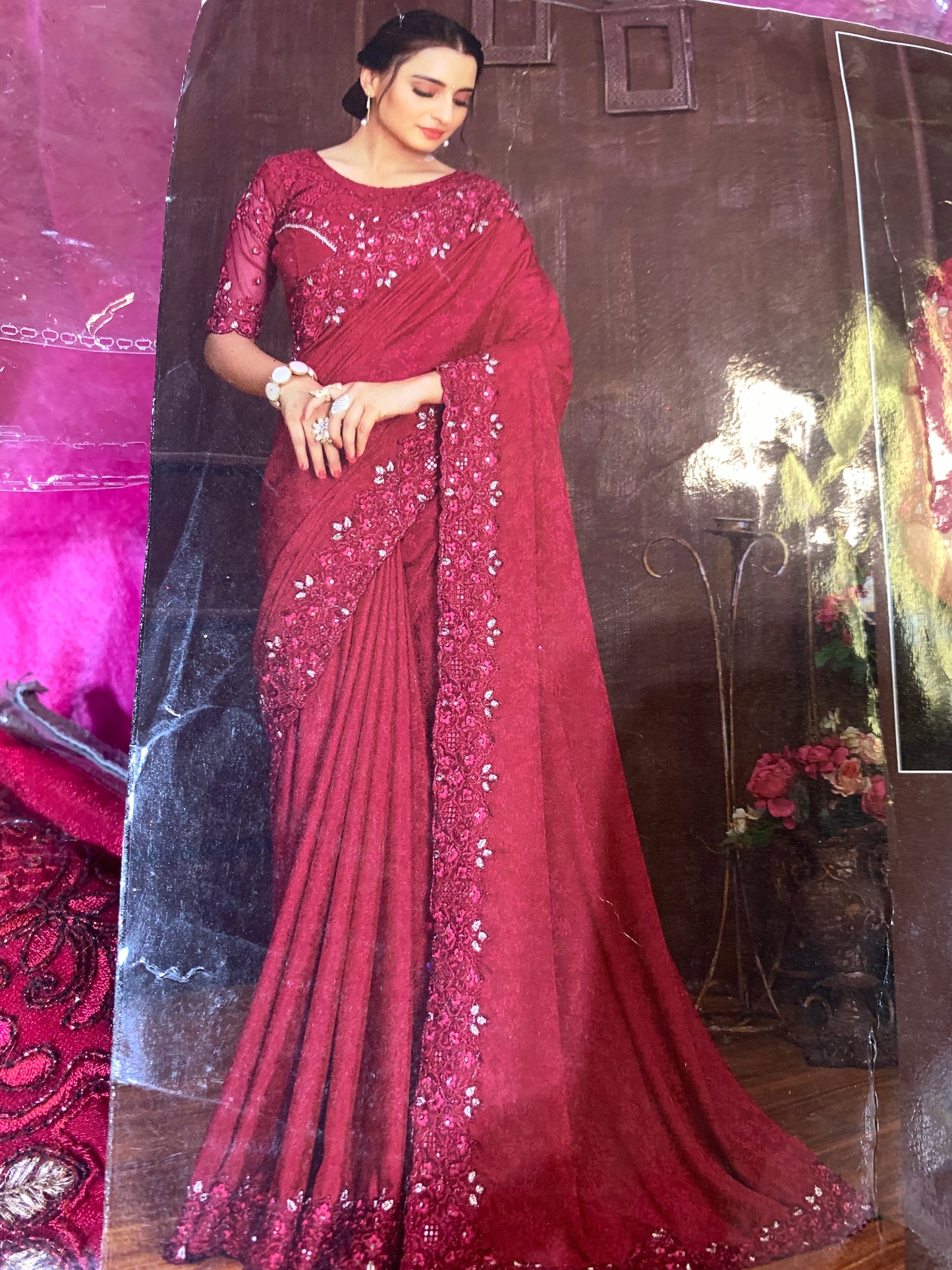 Satin georgette party wear saree maroon
