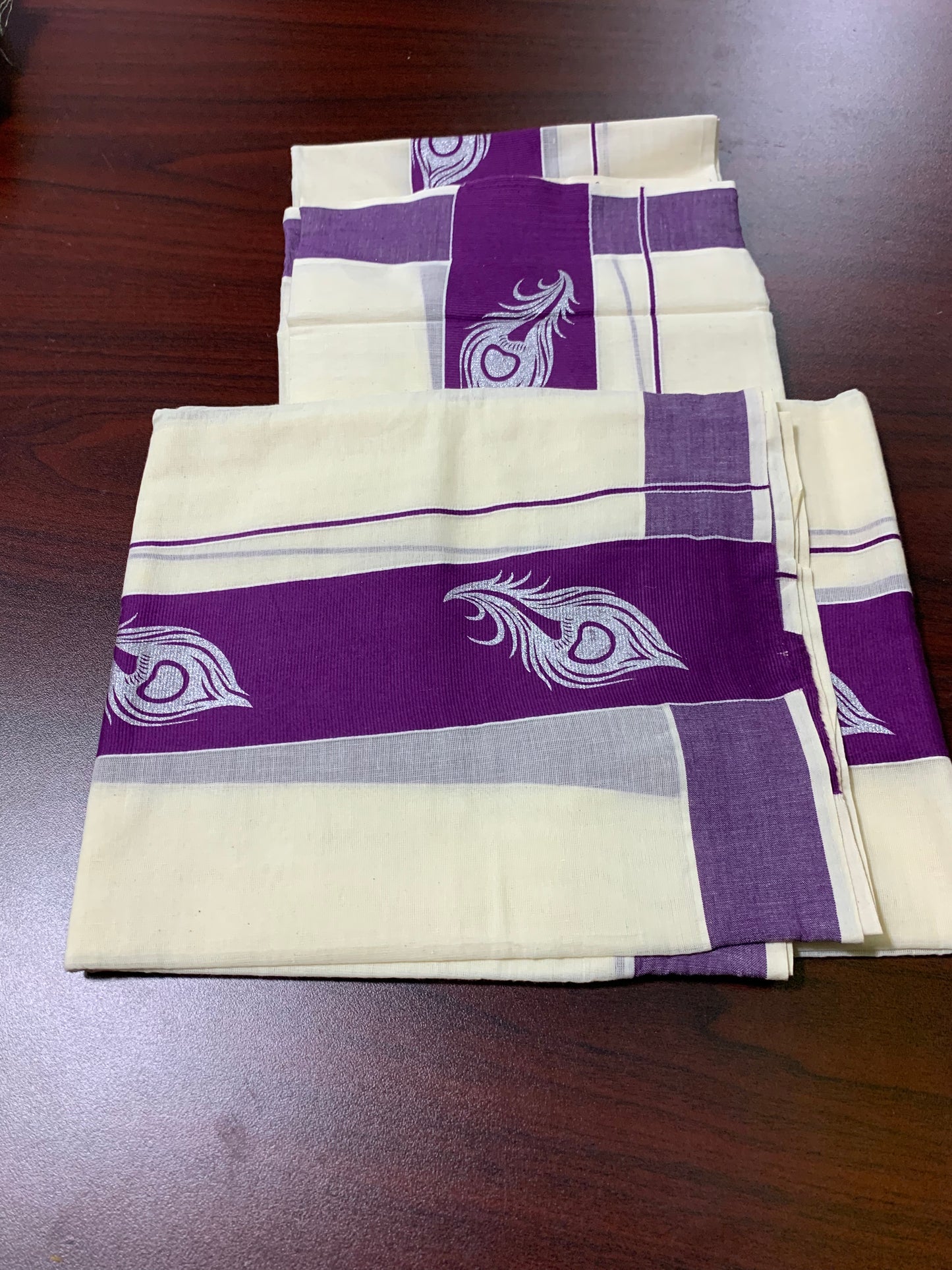 Kerala pure cotton settu Mundu with silver print and purple border