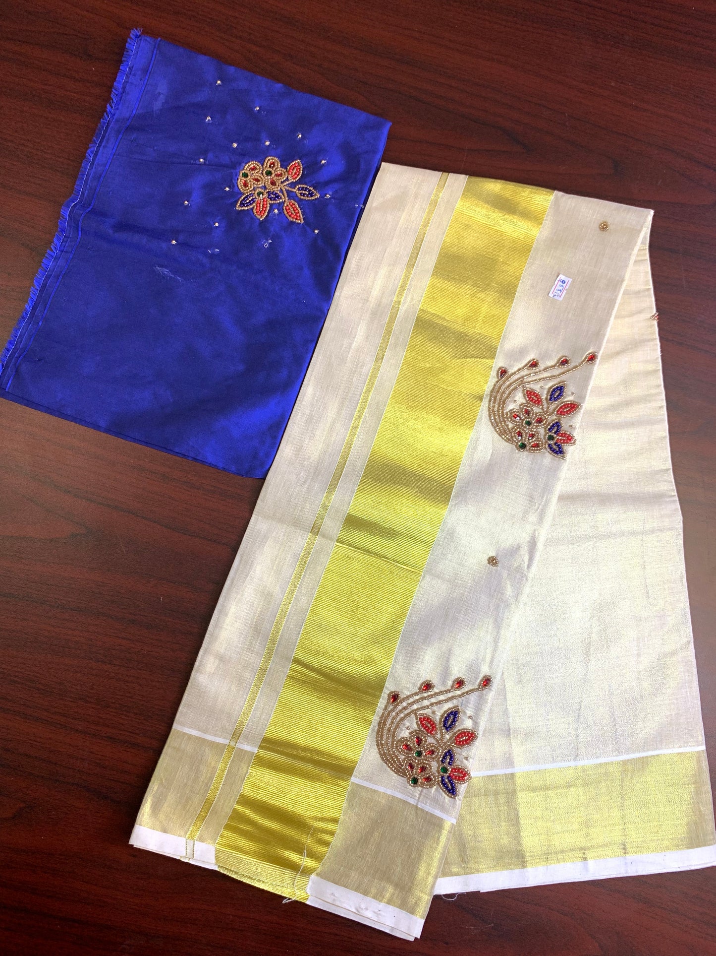 Kerala peacock designed pure cotton settu Mundu(blue)