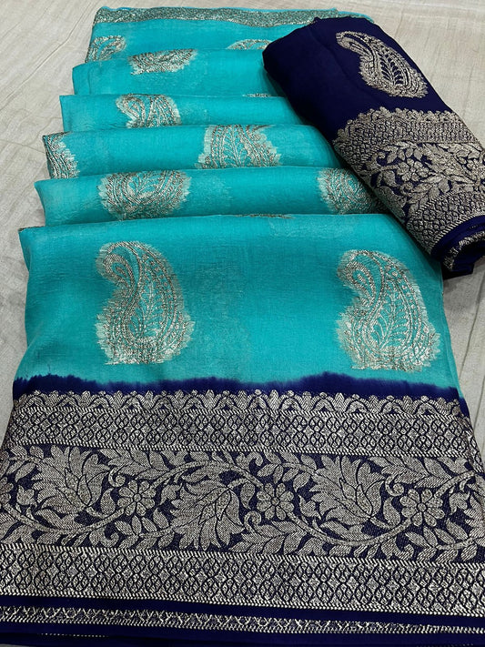 Light blue navy blue border art silk saree