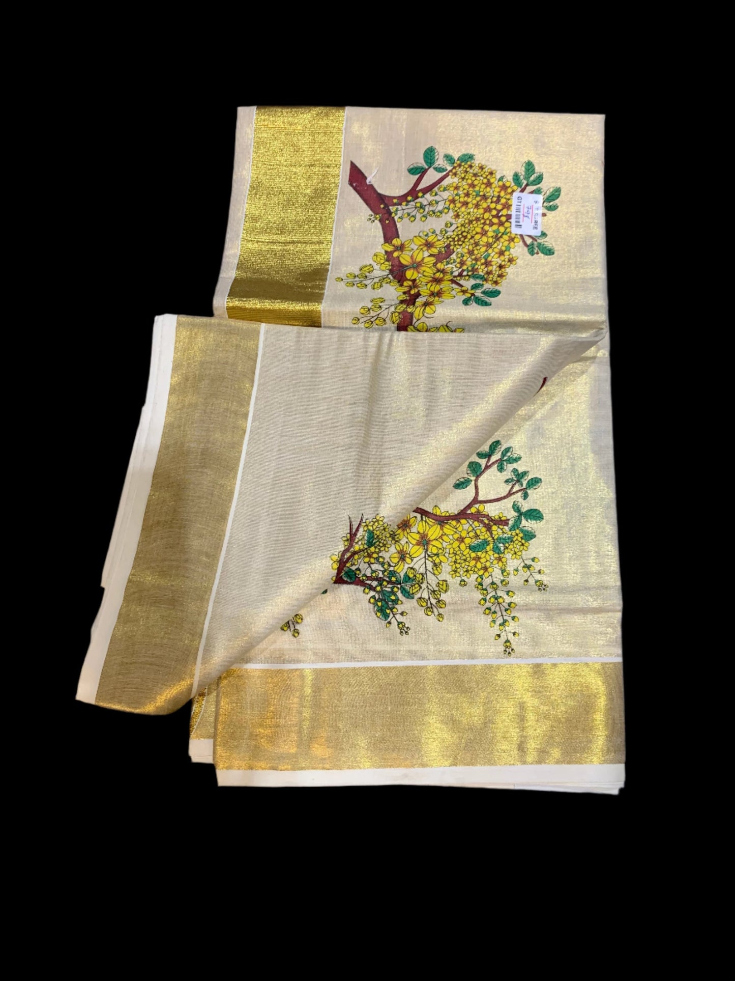 Kerala golden tissue settu saree with floral print