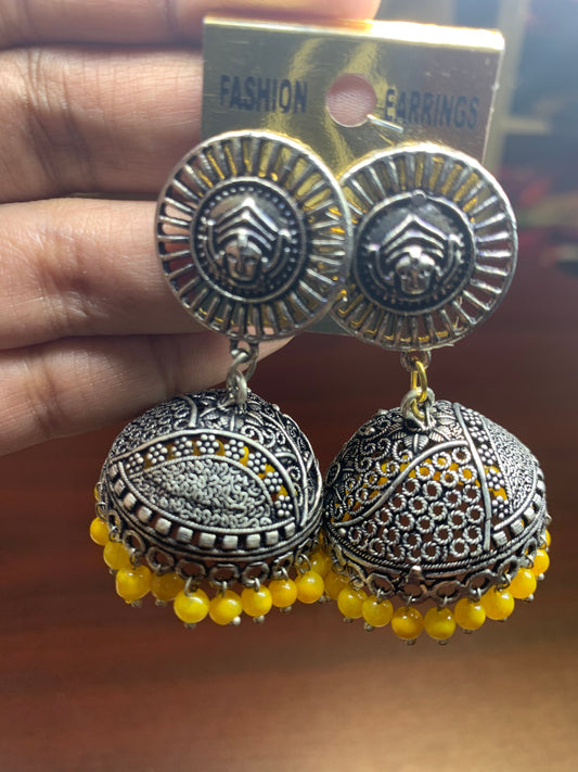 Oxidized silver with yellow pearls jhumka hanging earring