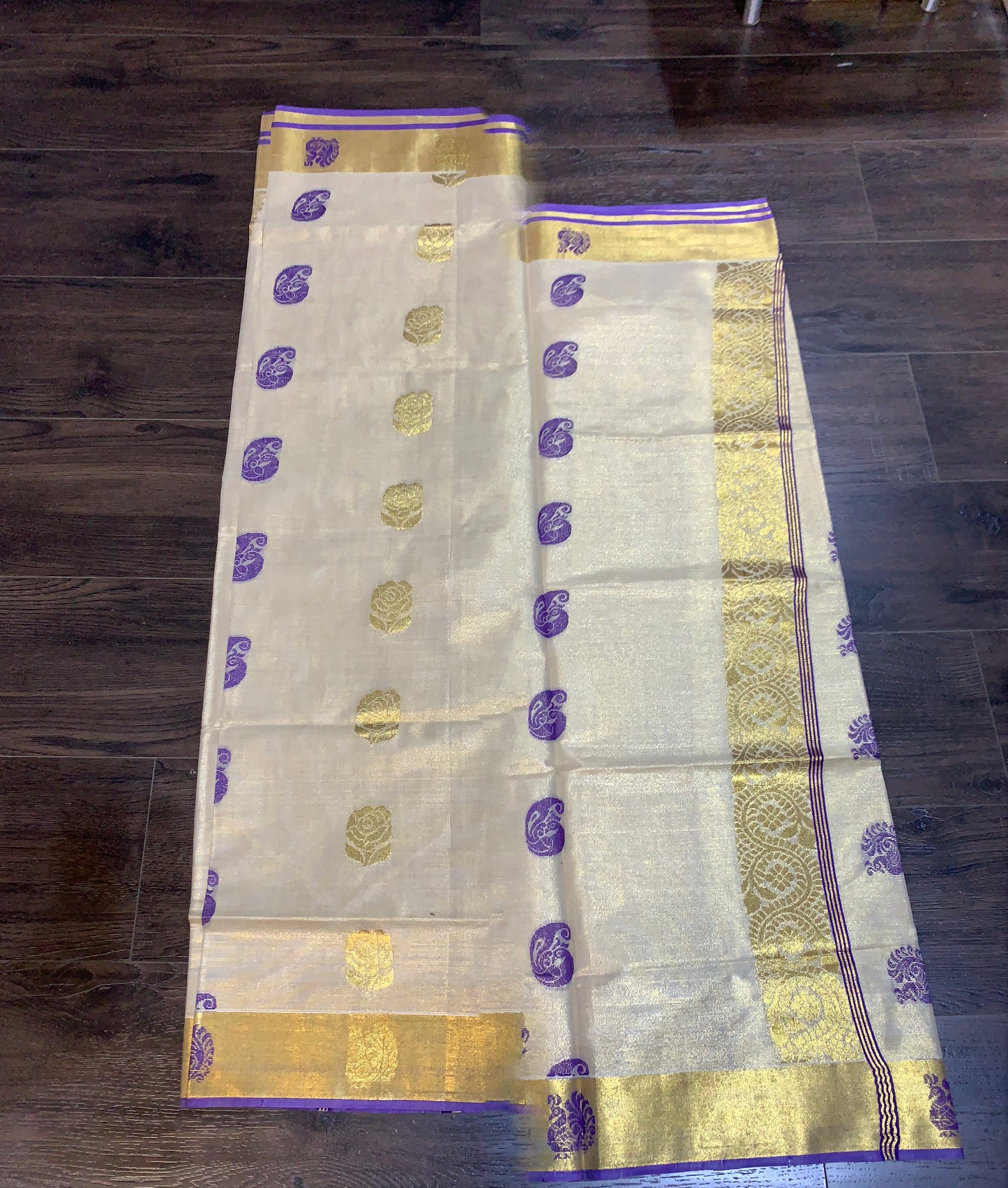 Golden tissue saree with purple border