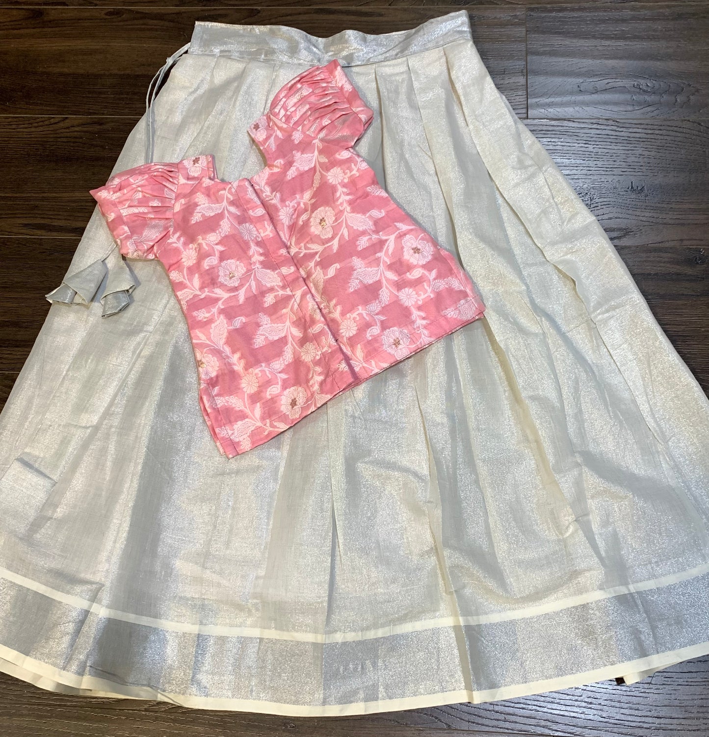 Girls ready to wear silver tissue skirt with pink chanderi silk top