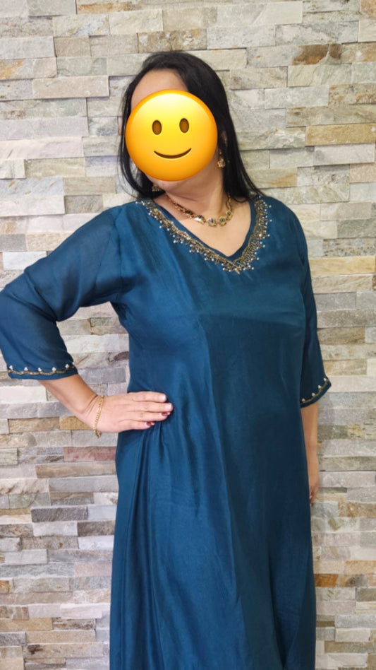 A line vichitra silk kurti -Teal blue