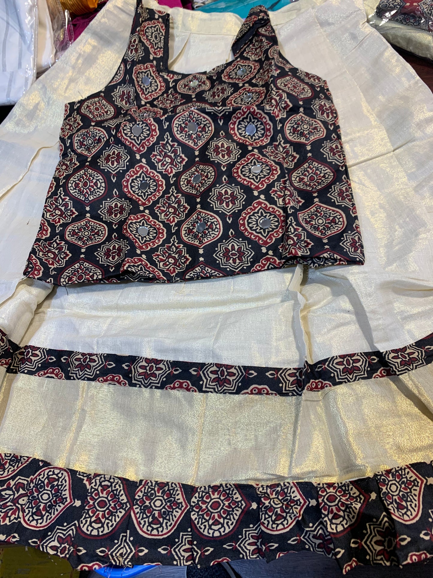 Girls Kerala tissue skirt with ajrakh top