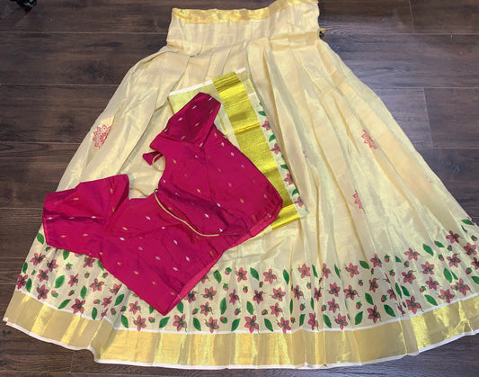 Ready made Kerala kasavu davani with floral print