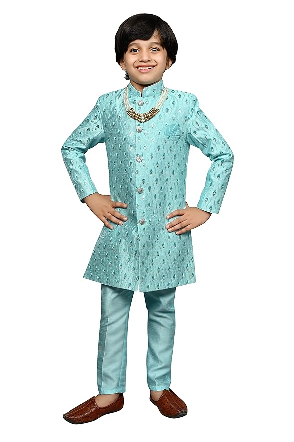 Kids Ethnic Silk Blend Sequin Print Indo-Western Sherwani Set For Boys