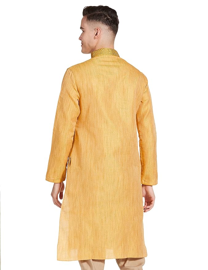 Manthan Men's Kurta, Mandarin Collar Full Sleeves Ethnic Knee Length Kurta for Festival, Wedding, Party Art Silk