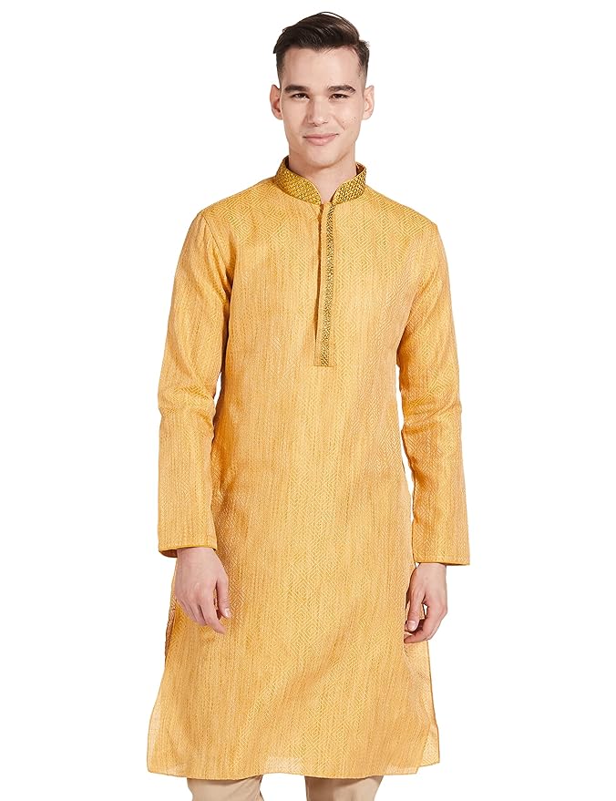 Manthan Men's Kurta, Mandarin Collar Full Sleeves Ethnic Knee Length Kurta for Festival, Wedding, Party Art Silk