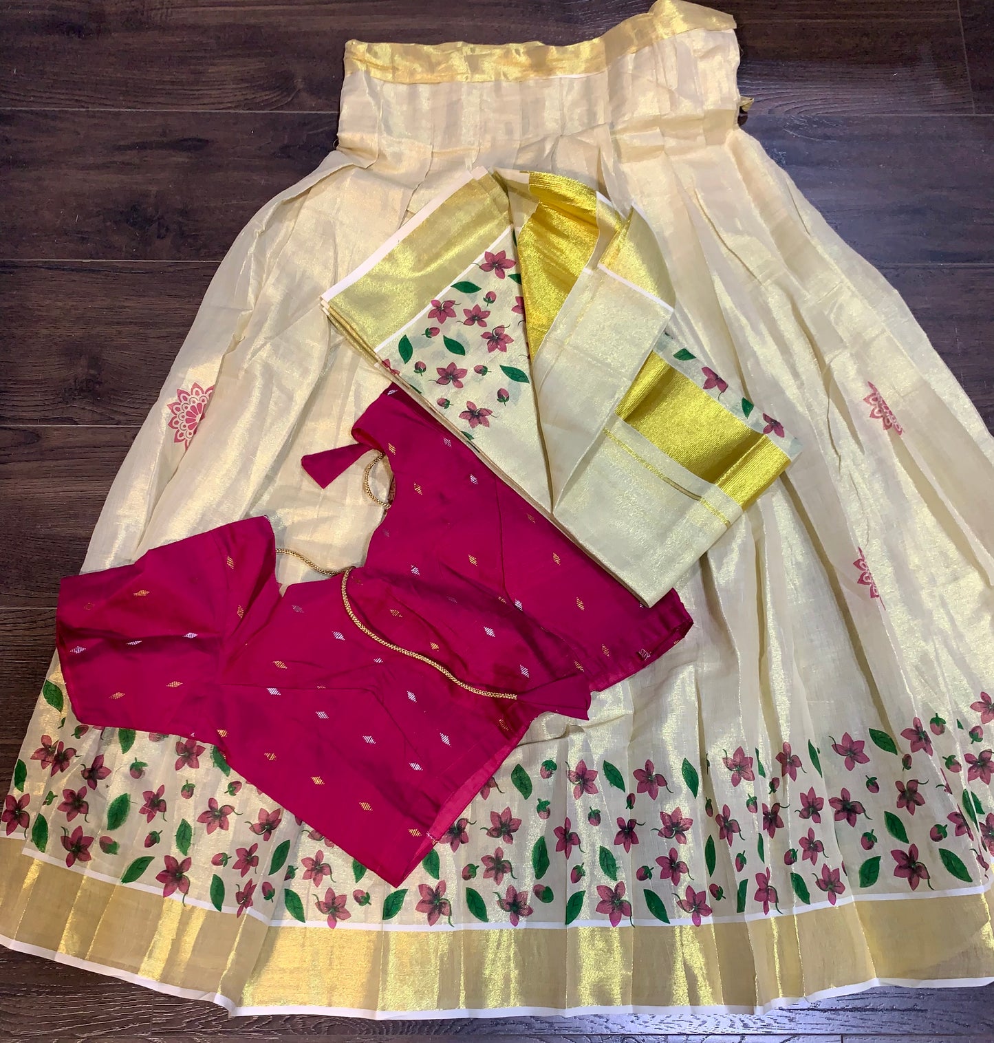 Ready made Kerala kasavu davani with floral print