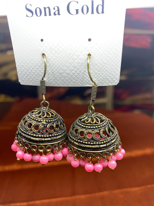 Oxidized bronze pink beads hanging jhumka earring