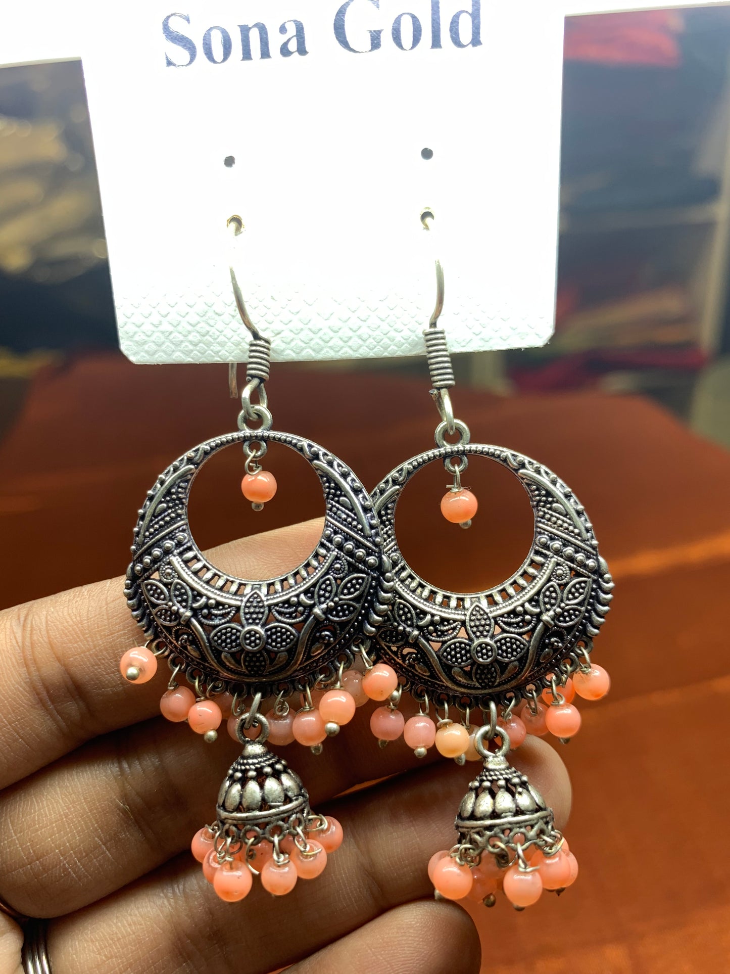 Oxidized silver moon shaped hanging earring