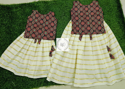 Girls ready to wear Kerala pure cotton striped skirt with , ajrak top