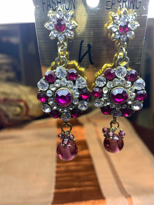 Pink and white crystal long earring