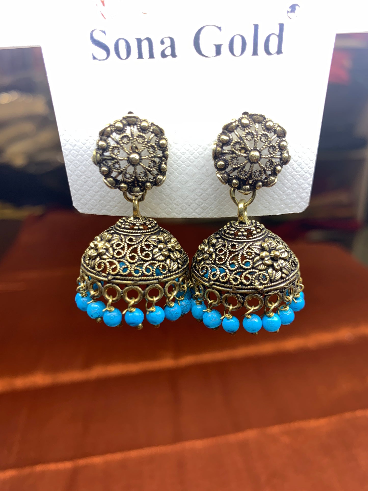 Oxidized bronze blue beads hanging earring