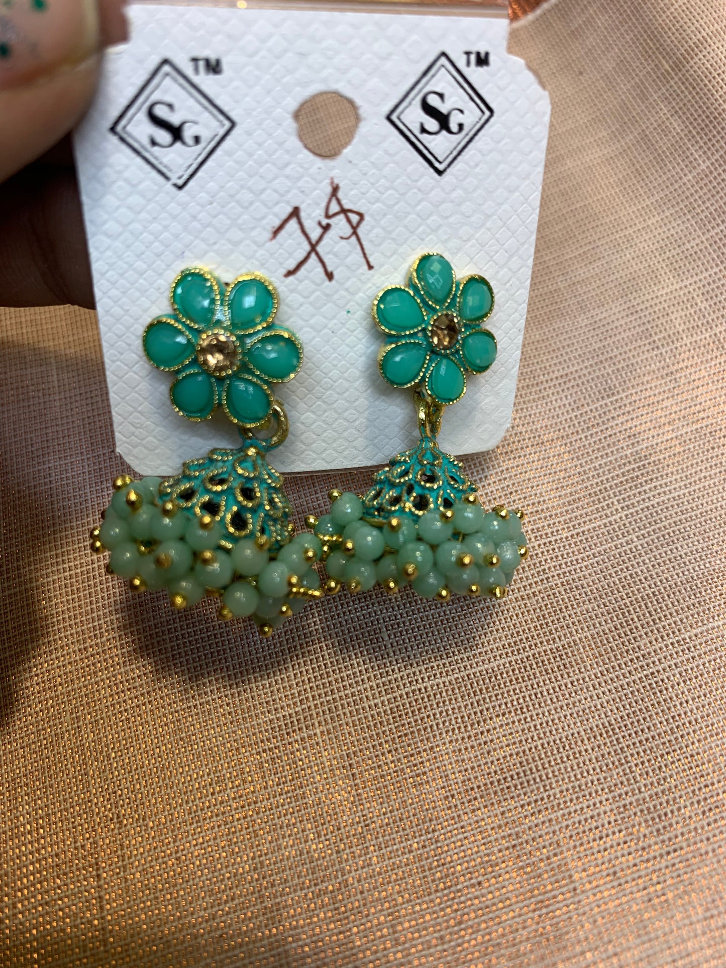 Turquoise floral small jhumka earring